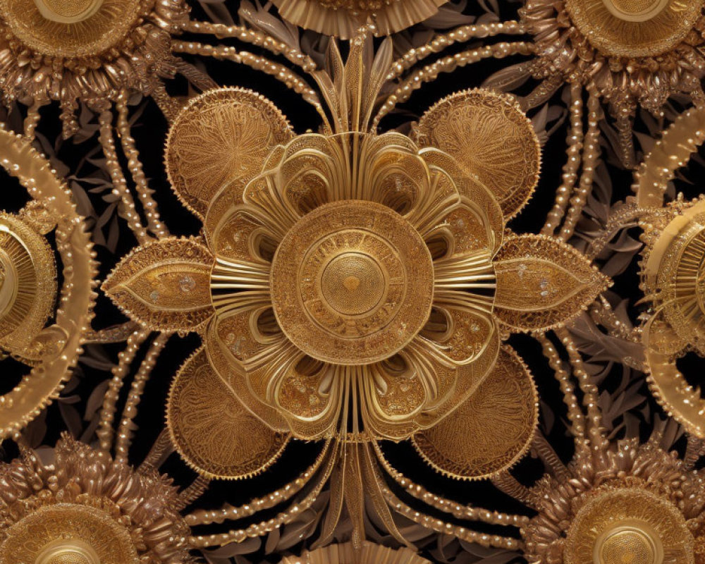 Intricate Golden Symmetrical Fractal Pattern on Dark Background