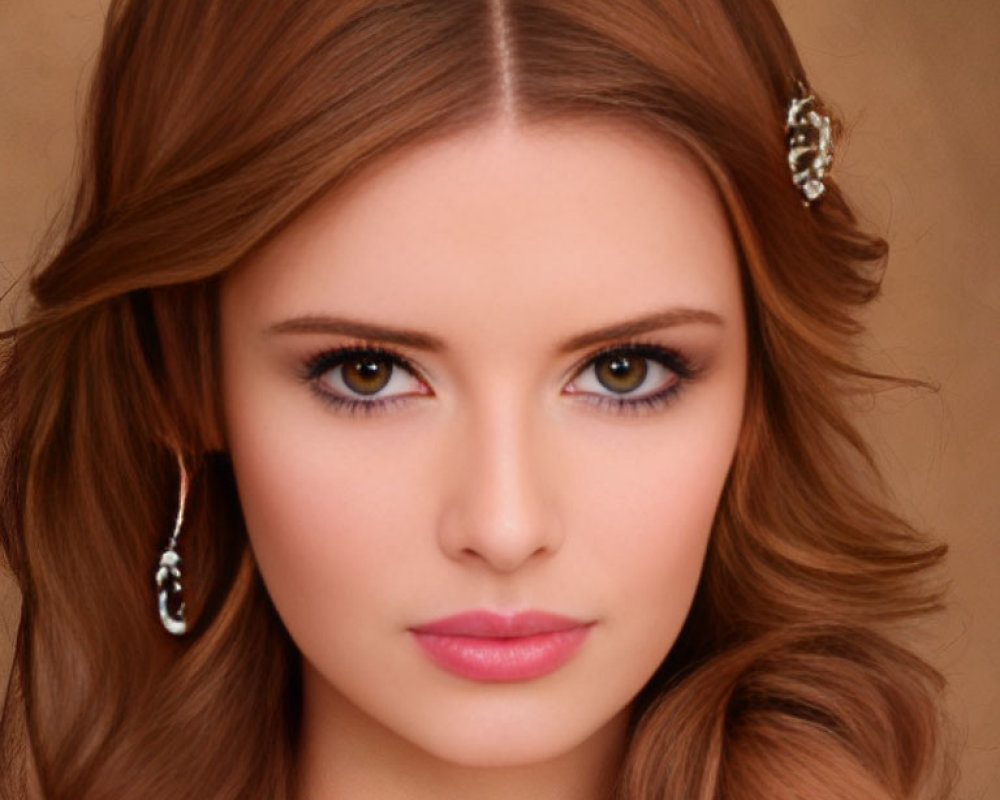 Studio portrait of woman with auburn hair, elegant earrings, and hair clip on beige background