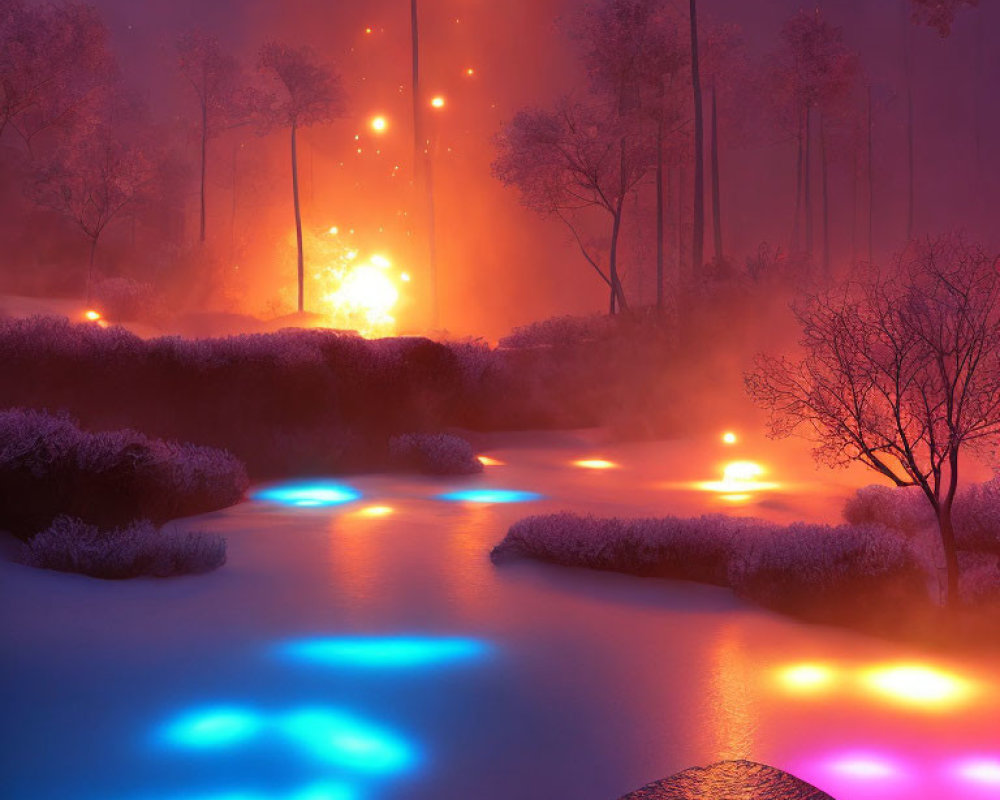 Neon-lit forest at night with glowing lights and luminous tree