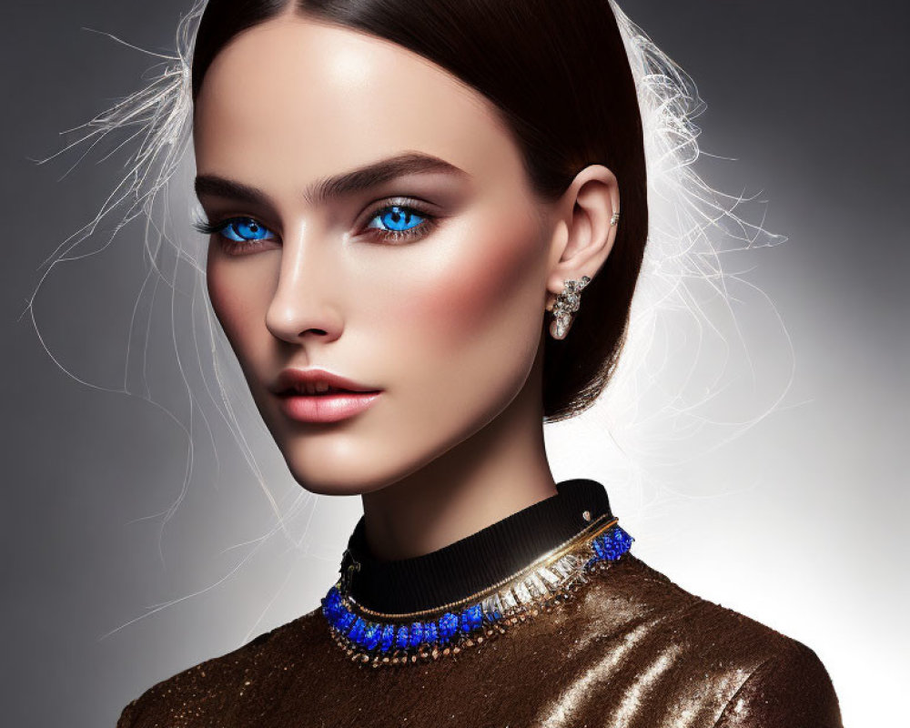 Striking blue-eyed woman in gold attire with elegant makeup