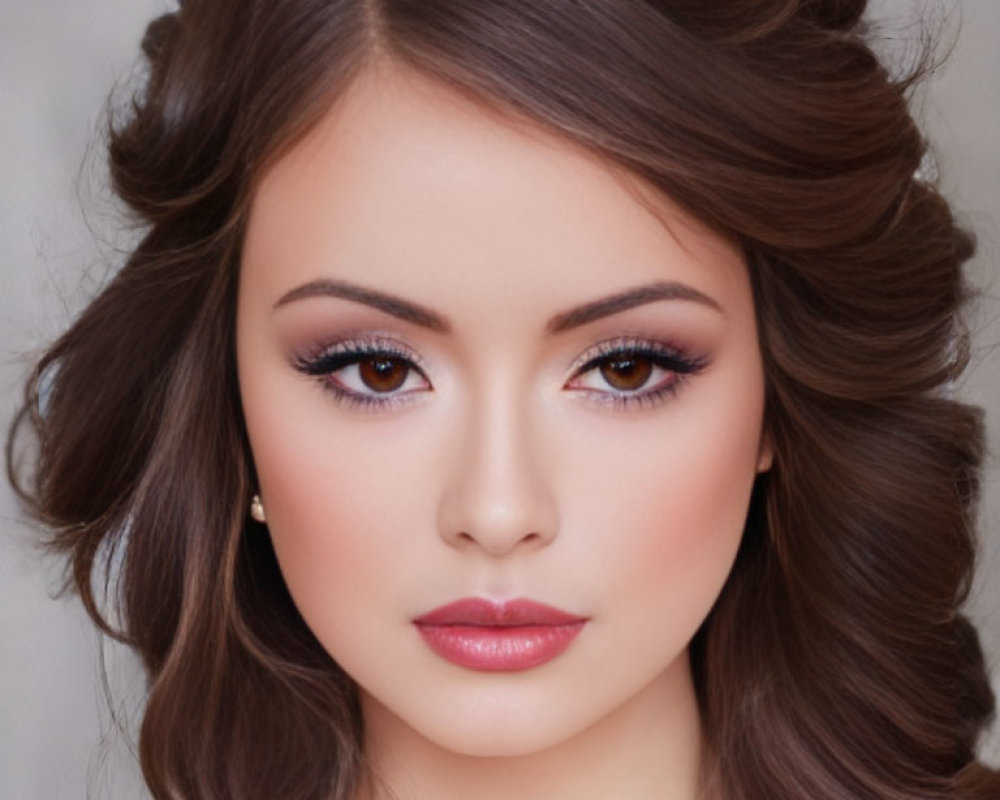 Portrait of a Woman with Voluminous Curled Brown Hair and Makeup