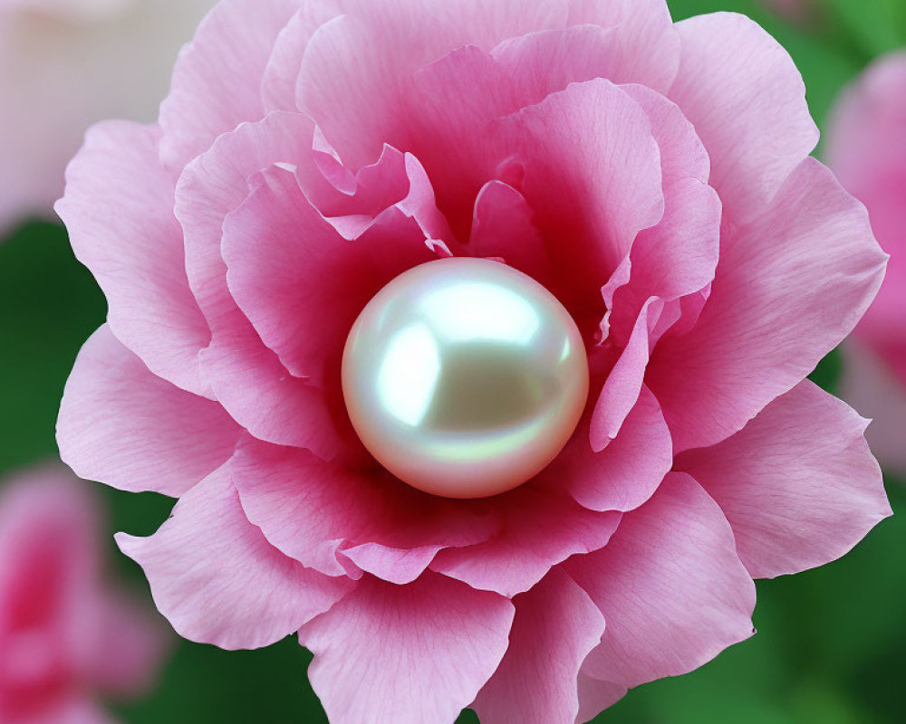 Lustrous pearl on pink peony against green backdrop