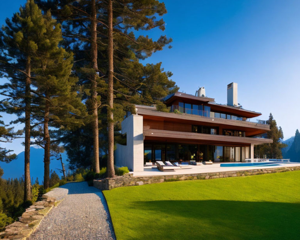 Modern Multi-Level House with Large Windows & Terraces Amid Pine Trees