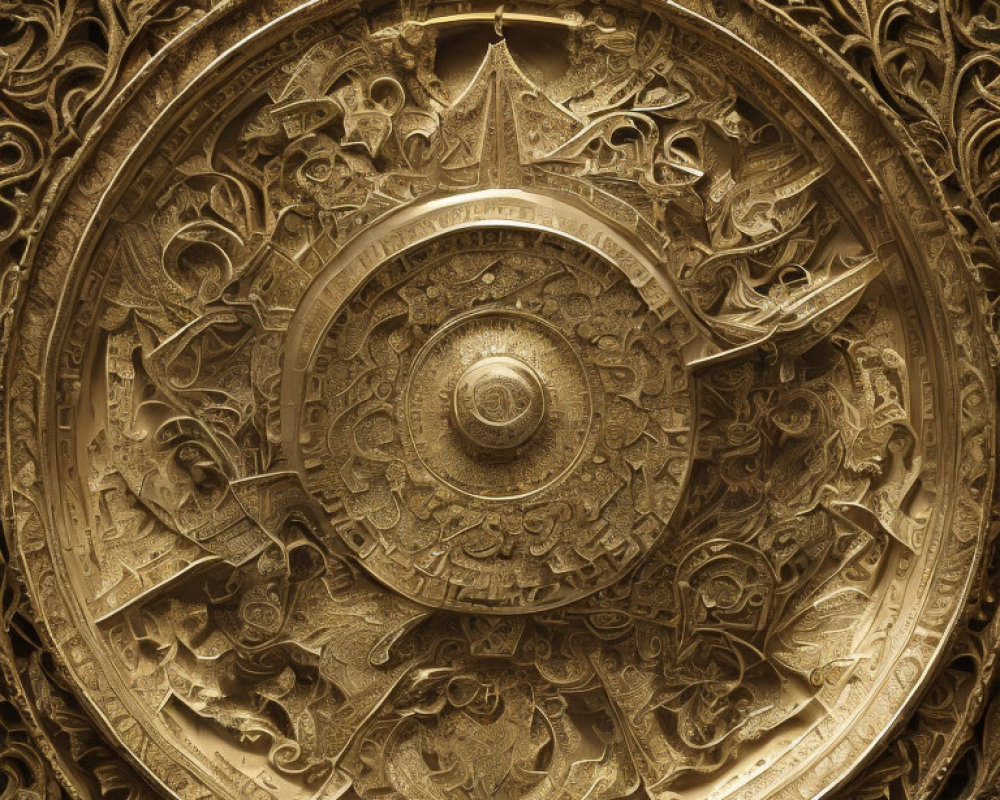 Golden Disc with Intricate Carvings and Traditional Motifs