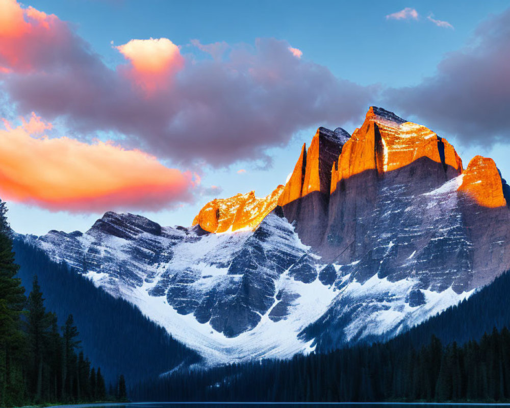 Snow-capped mountain reflected in serene lake at sunrise