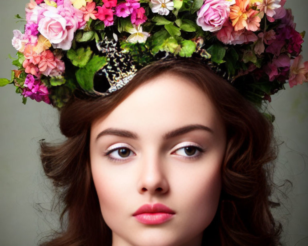 Woman wearing vibrant floral crown against grey backdrop