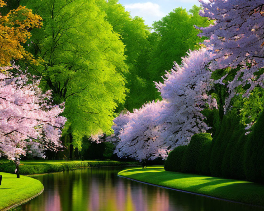 Tranquil Park with Cherry Blossoms, Pond, and Green Trees