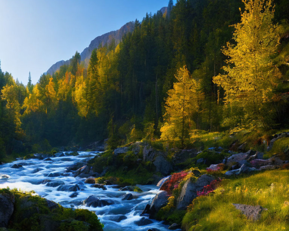 Tranquil river in autumn forest under clear blue sky