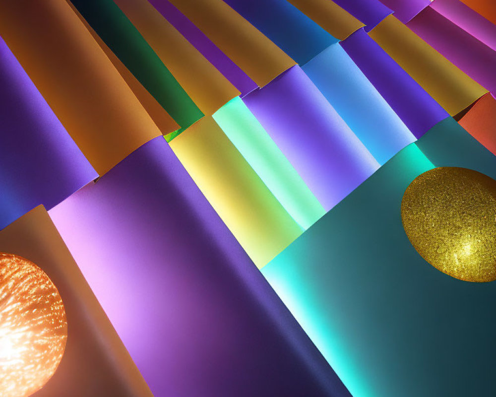 Colorful Paper Sheets Arranged with Reflective Surfaces and Golden Sphere