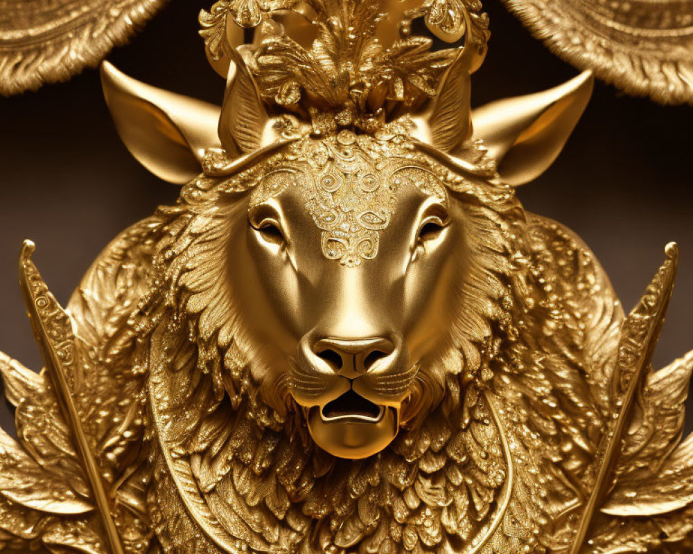 Intricate Gold Lion Head with Elaborate Wings and Patterns