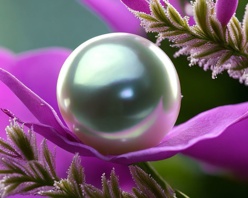 Pearl resting on pink petal amid green leaves and purple flowers.