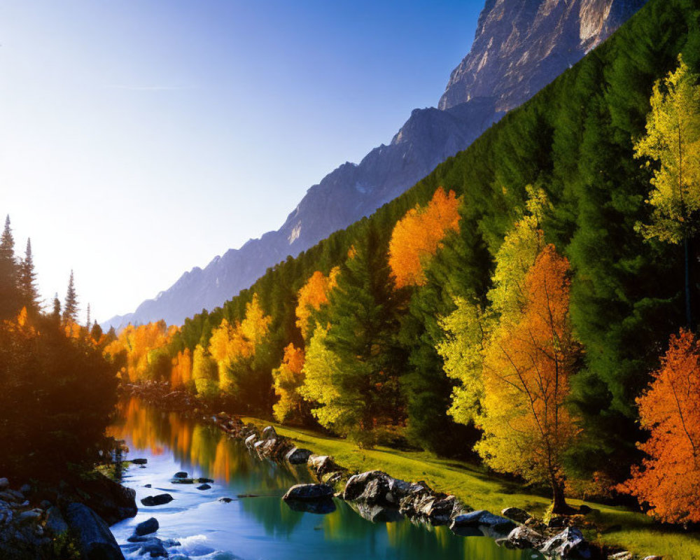 Autumnal river landscape with vibrant foliage and mountains under warm sunlight