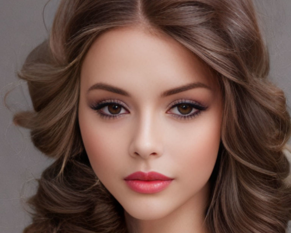 Brunette woman with curly hair and striking makeup.