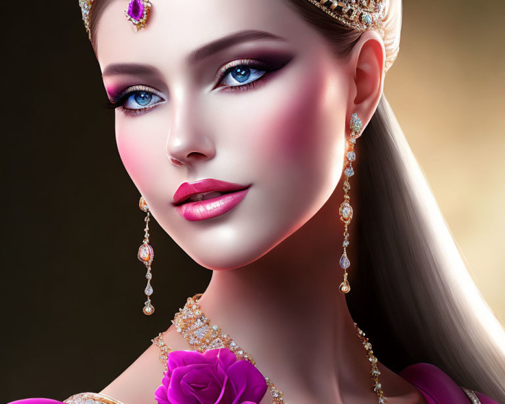 Digital Artwork: Woman with Blue Eyes, Golden Crown, Pink Rose