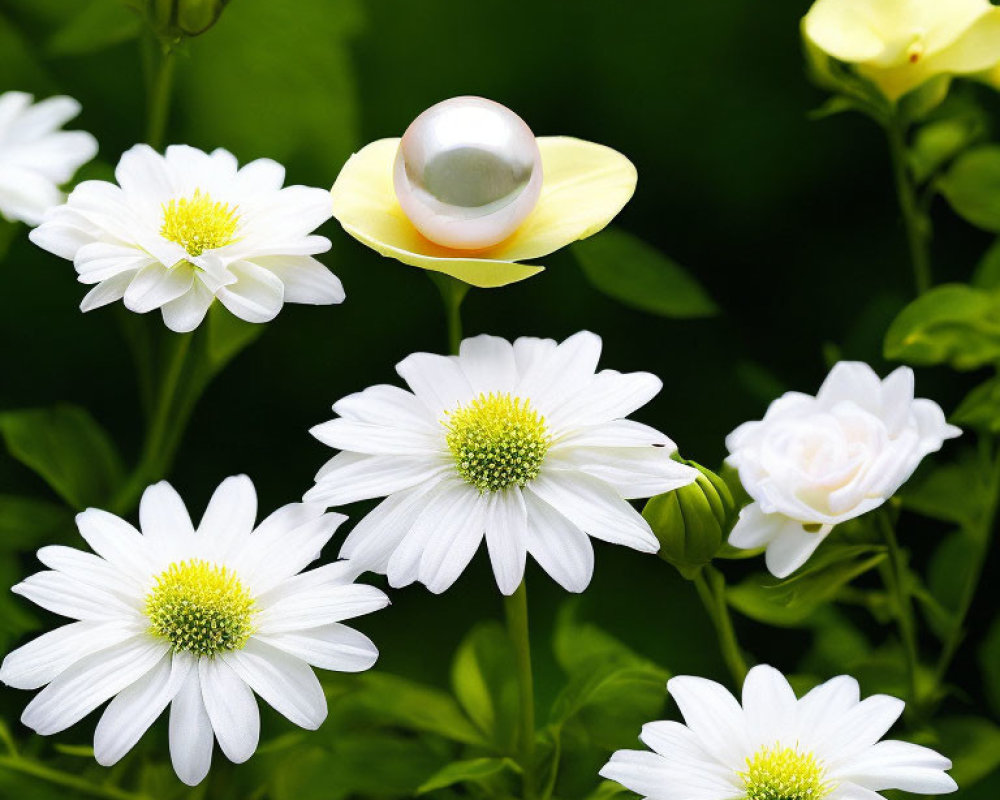 Pearl on yellow petal amidst white flowers and green foliage