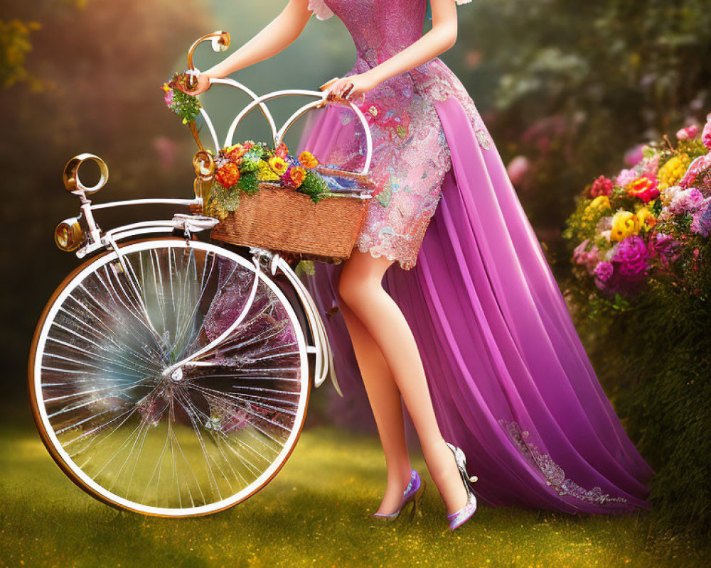 Woman in purple dress with flowing train next to vintage bicycle and flowers