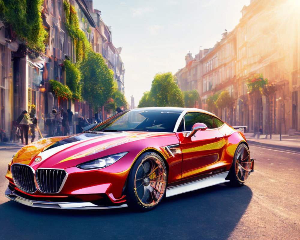 Red Sports Car Parked on Sunlit Urban Street