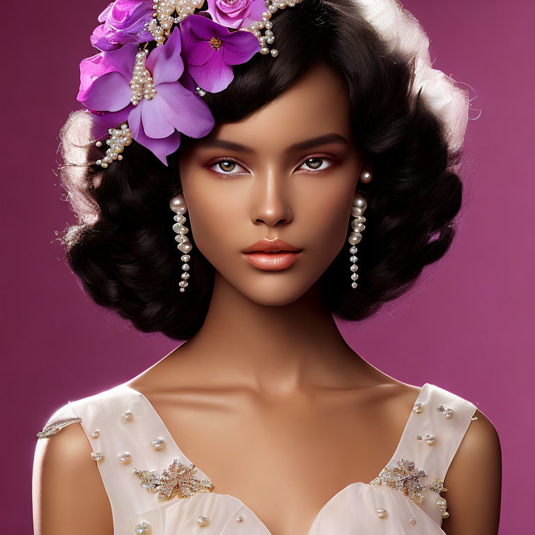 Glamorous woman with styled hair, pearl earrings, and beaded dress on purple background