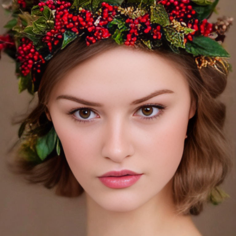 Woman wearing berry and leaf crown with soft curls and subtle makeup.