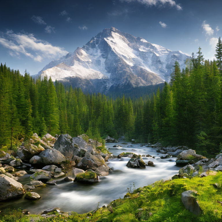 Tranquil river, rocky bed, pine trees, snow-capped mountain, blue sky