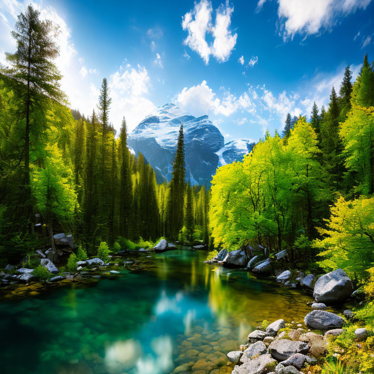 Scenic Alpine landscape with blue lake, green forest, and snowy mountains