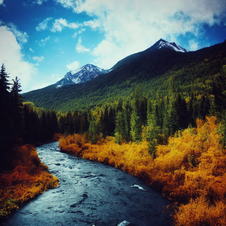 River meandering through autumn forest with snow-capped mountains and cloudy sky