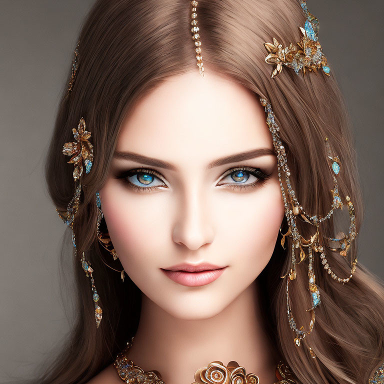 Woman with Intense Blue Eyes and Elegant Gold Jewelry on Neutral Background