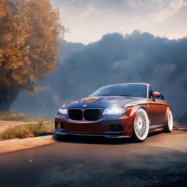 Custom BMW with Front Splitter & Aftermarket Wheels on Misty Road