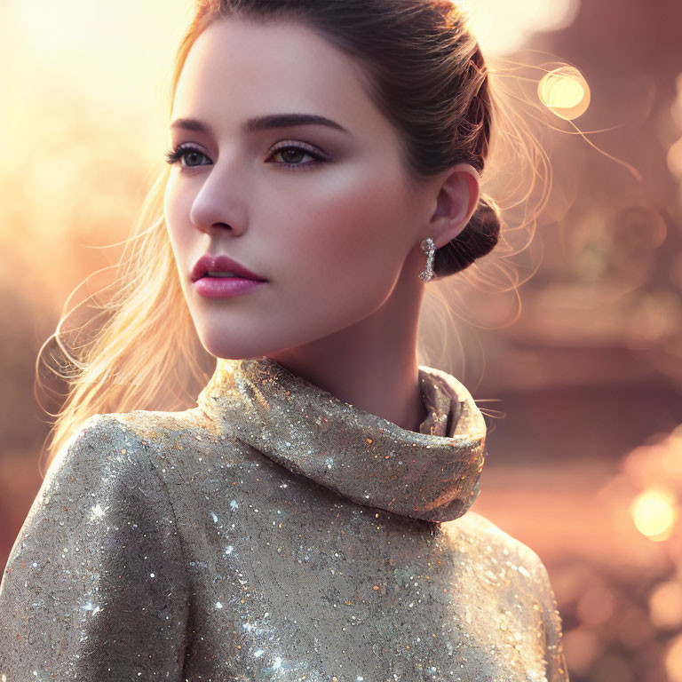 Glittery Outfit Woman with Styled Hair and Subtle Makeup