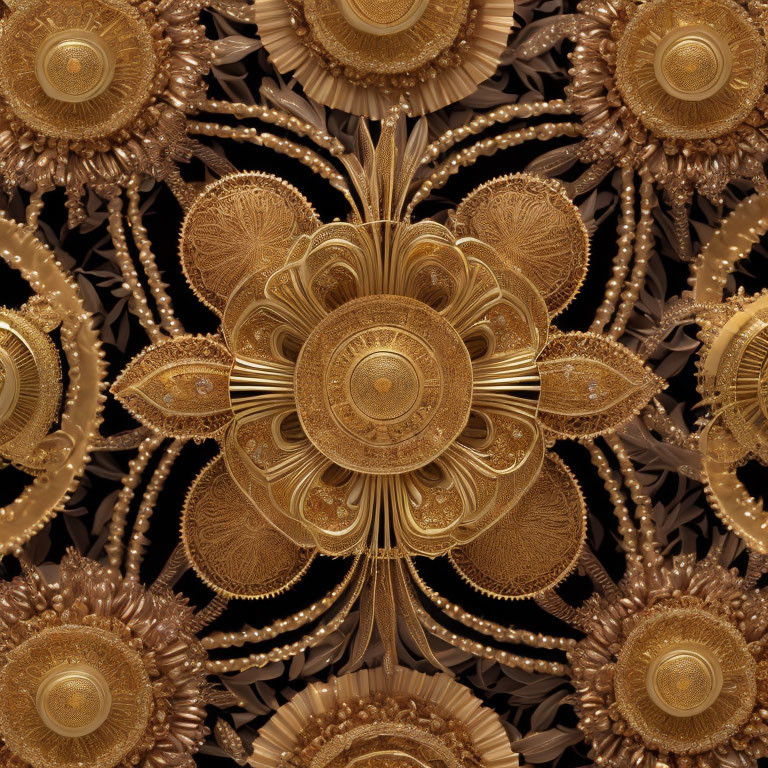 Intricate Golden Symmetrical Fractal Pattern on Dark Background