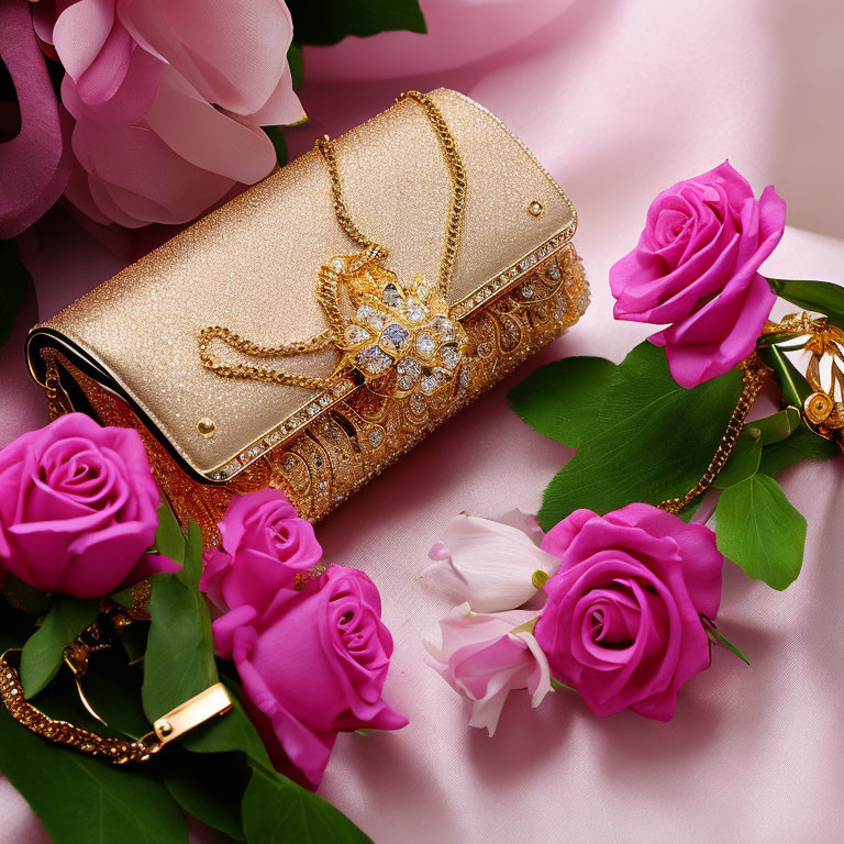 Golden Floral Diamond Clutch Among Pink Roses on Silky Background