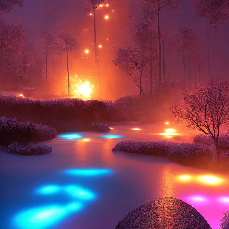 Neon-lit forest at night with glowing lights and luminous tree