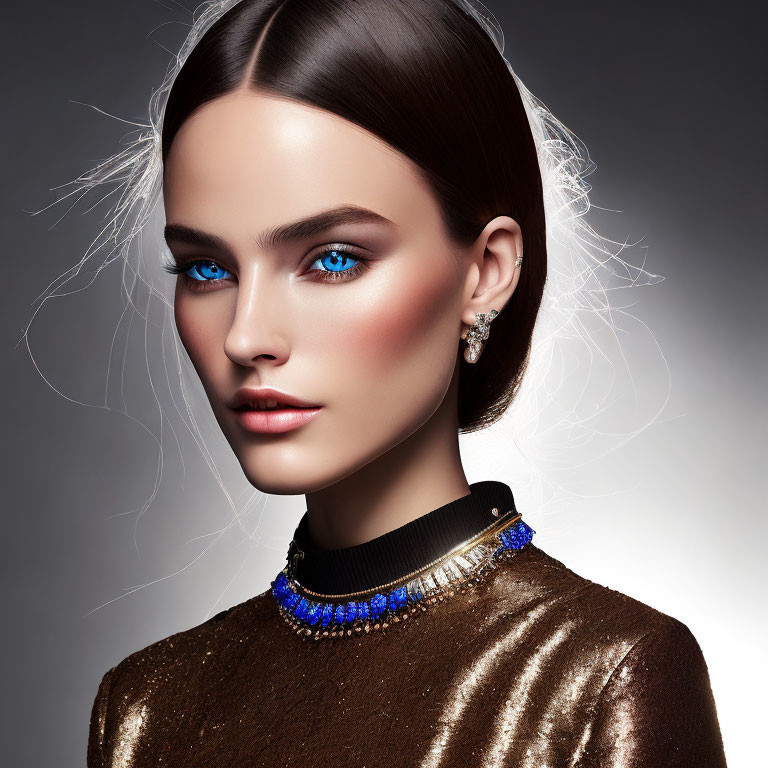 Striking blue-eyed woman in gold attire with elegant makeup