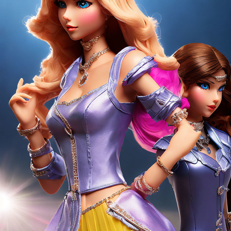 Stylized animated female characters with elaborate hairstyles and fantasy outfits in vibrant colors.