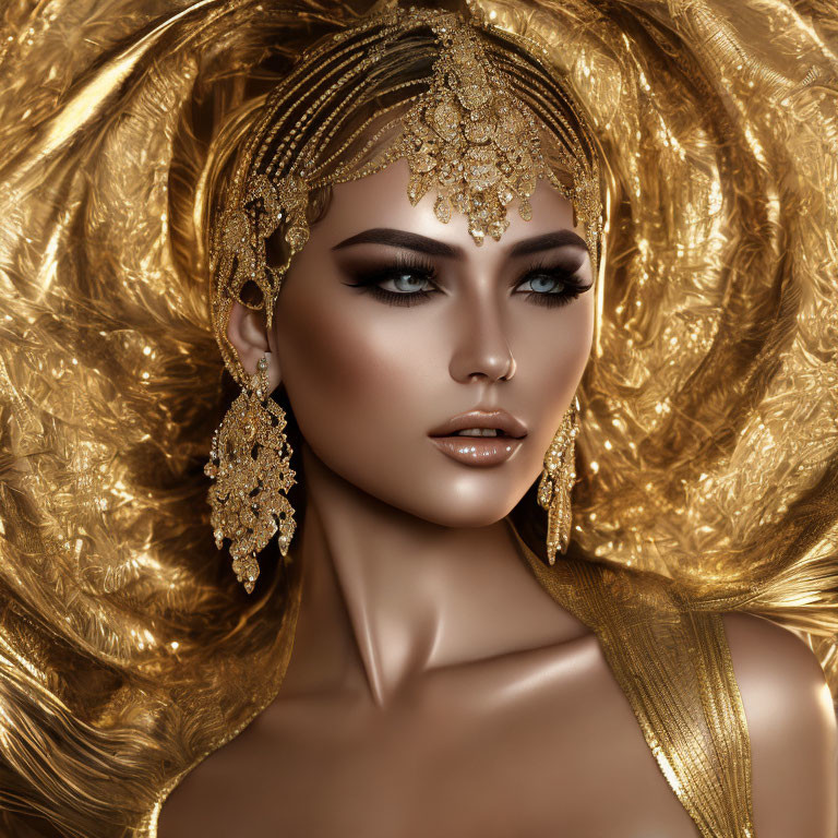 Digital artwork featuring woman in golden makeup and ornate jewelry