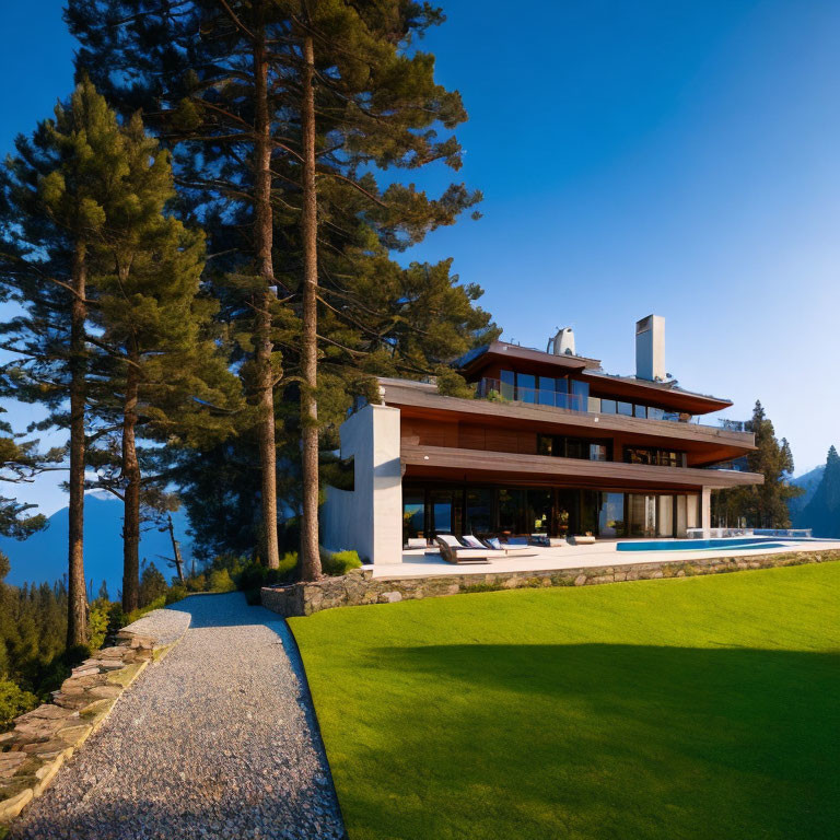 Modern Multi-Level House with Large Windows & Terraces Amid Pine Trees