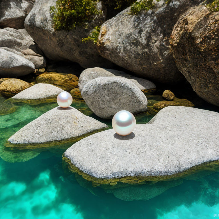 Three Large Pearls on Smooth Rocks Above Turquoise Water