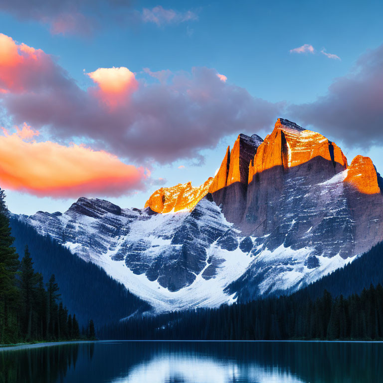 Snow-capped mountain reflected in serene lake at sunrise