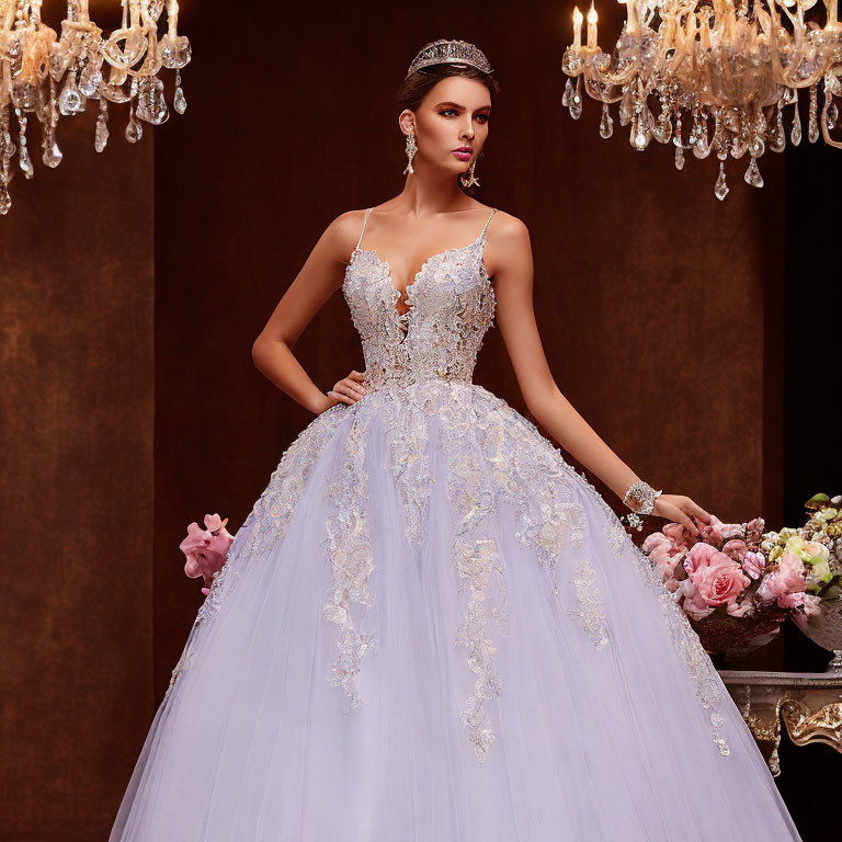 Bridal gown with lace detailing and bouquet under chandeliers