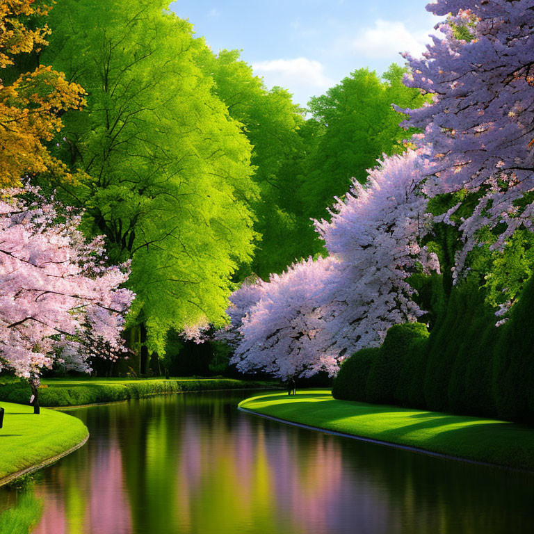 Tranquil Park with Cherry Blossoms, Pond, and Green Trees