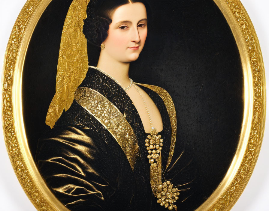 Traditional dress portrait of woman with golden shawl, pearl necklace, and decorative brooch