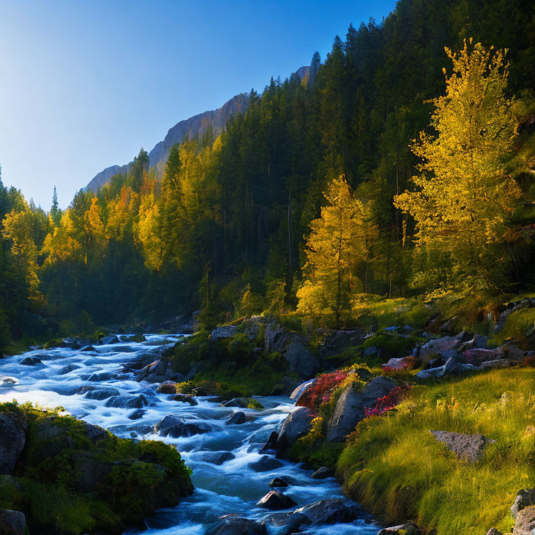 Tranquil river in autumn forest under clear blue sky