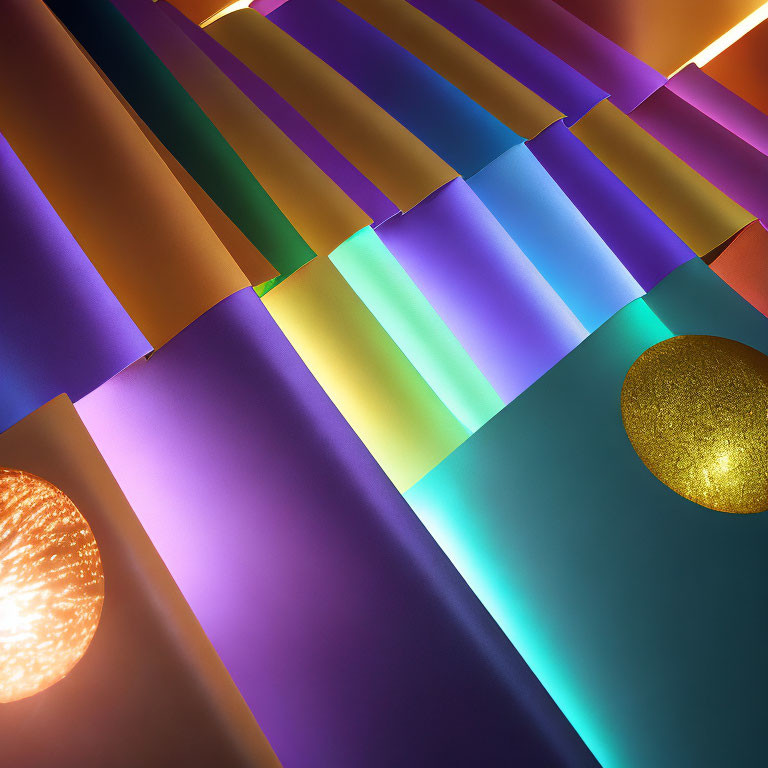 Colorful Paper Sheets Arranged with Reflective Surfaces and Golden Sphere