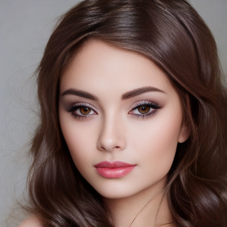 Close-Up of Woman with Brown Hair and Soft Makeup: Eyeliner, Mascara, and Pink