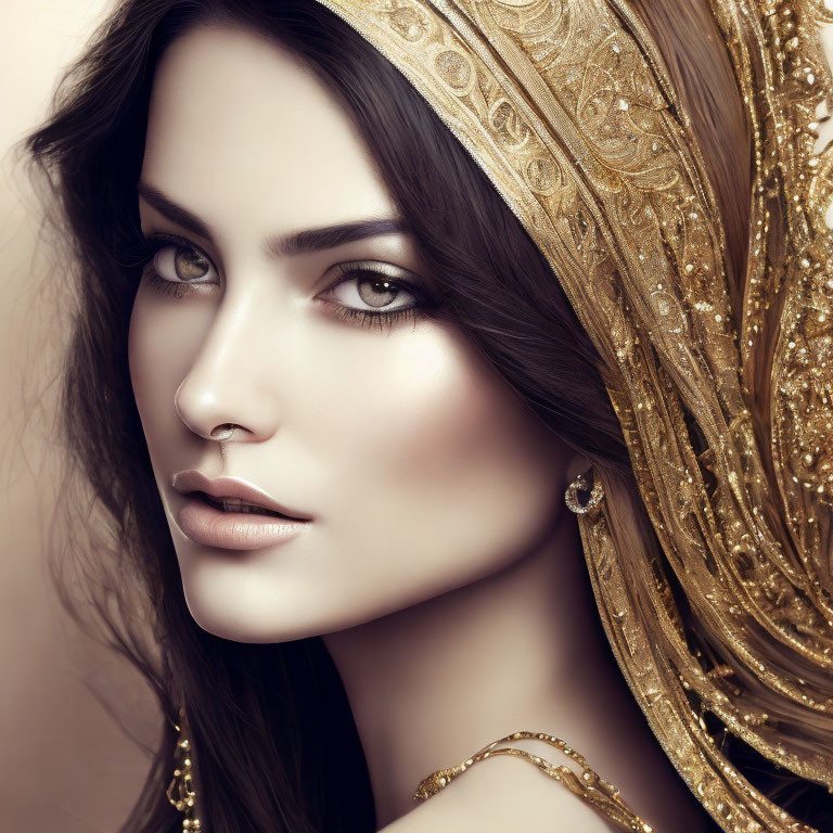 Striking woman in golden headpiece and nose ring against muted backdrop