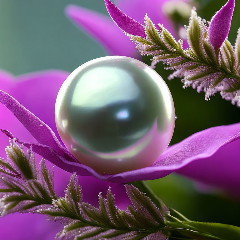 Pearl resting on pink petal amid green leaves and purple flowers.