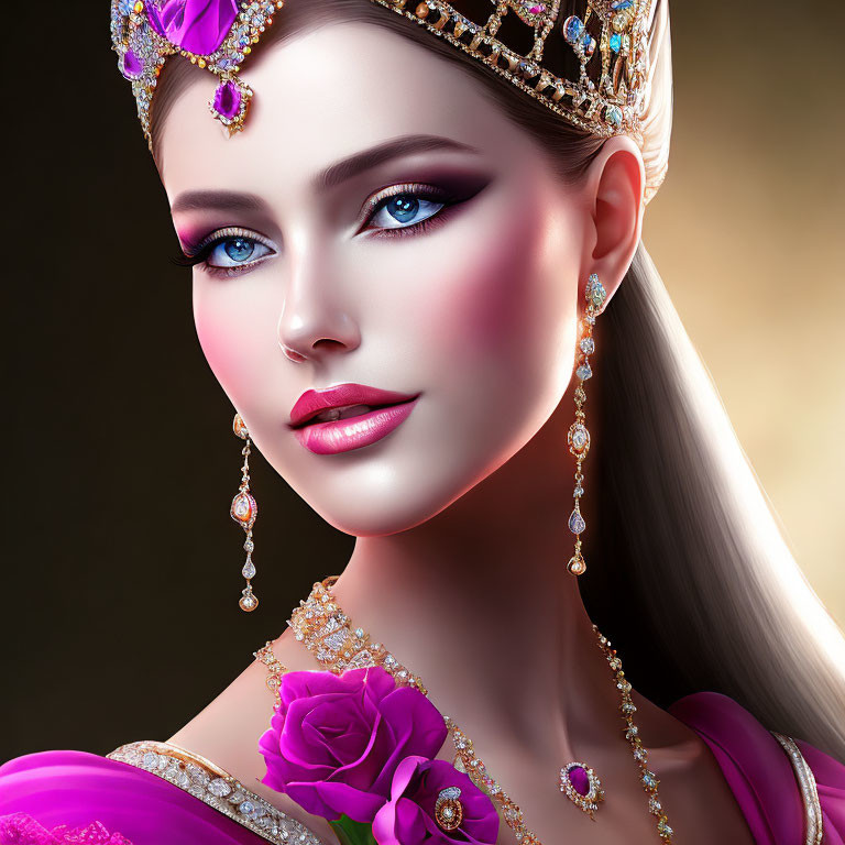 Digital Artwork: Woman with Blue Eyes, Golden Crown, Pink Rose