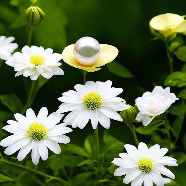 Pearl on yellow petal amidst white flowers and green foliage