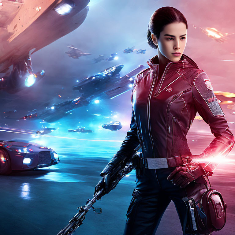 Futuristic woman in leather suit with blaster amidst sci-fi battle