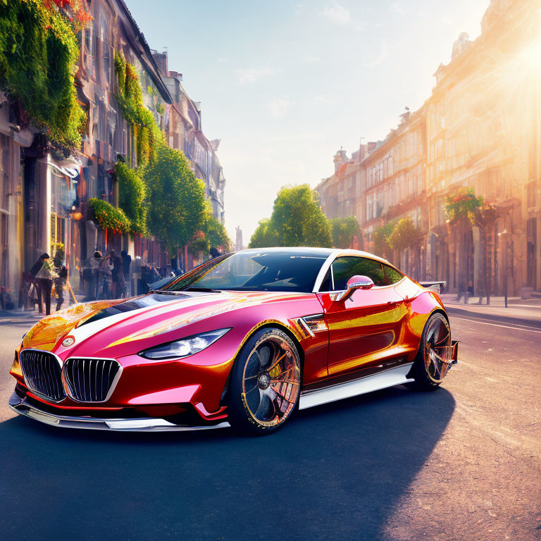 Red Sports Car Parked on Sunlit Urban Street